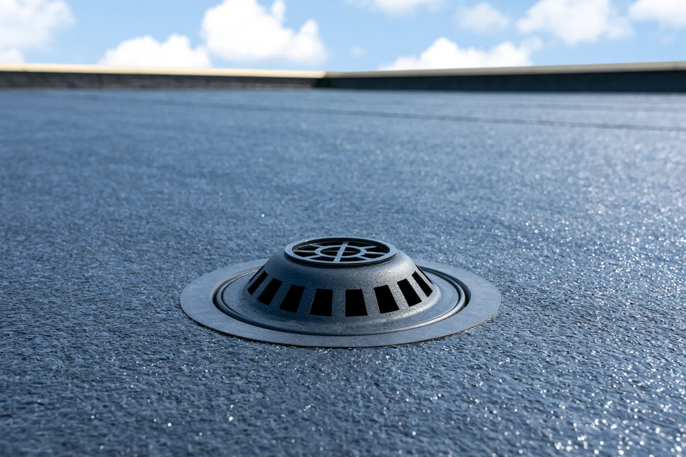 A granulated cap sheet surface with a black roof drain dome under blue sky