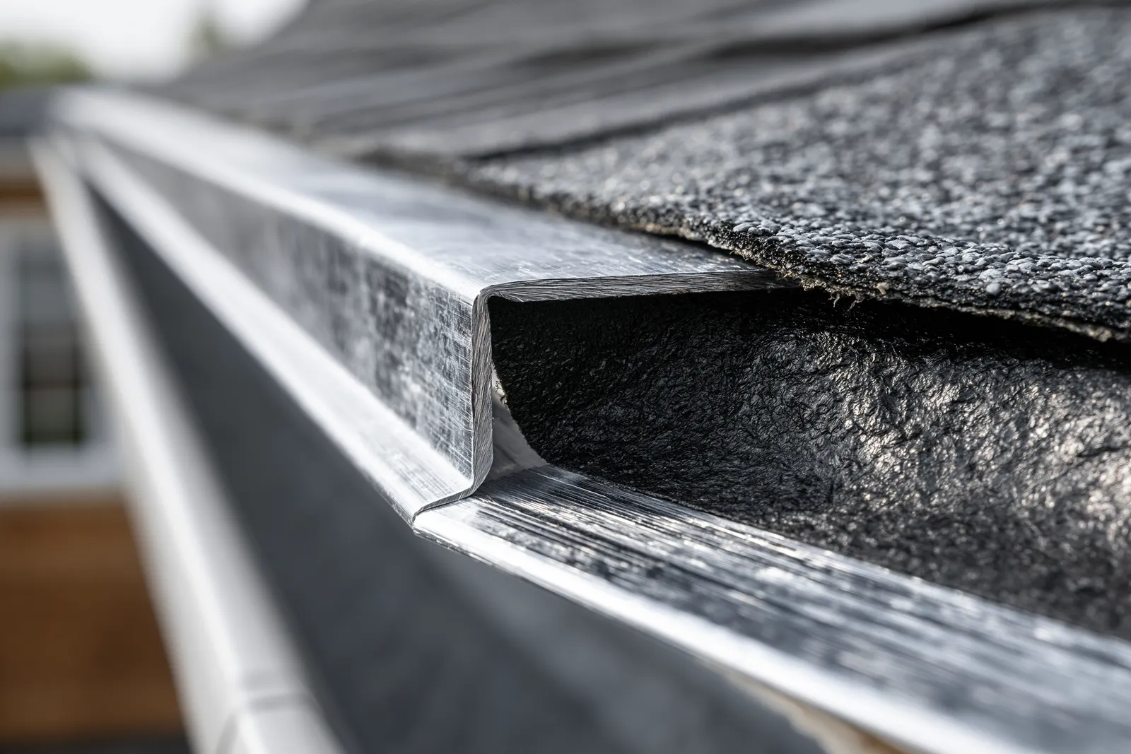 Gray shingle roof eave with metal drip edge flashing along the edge
