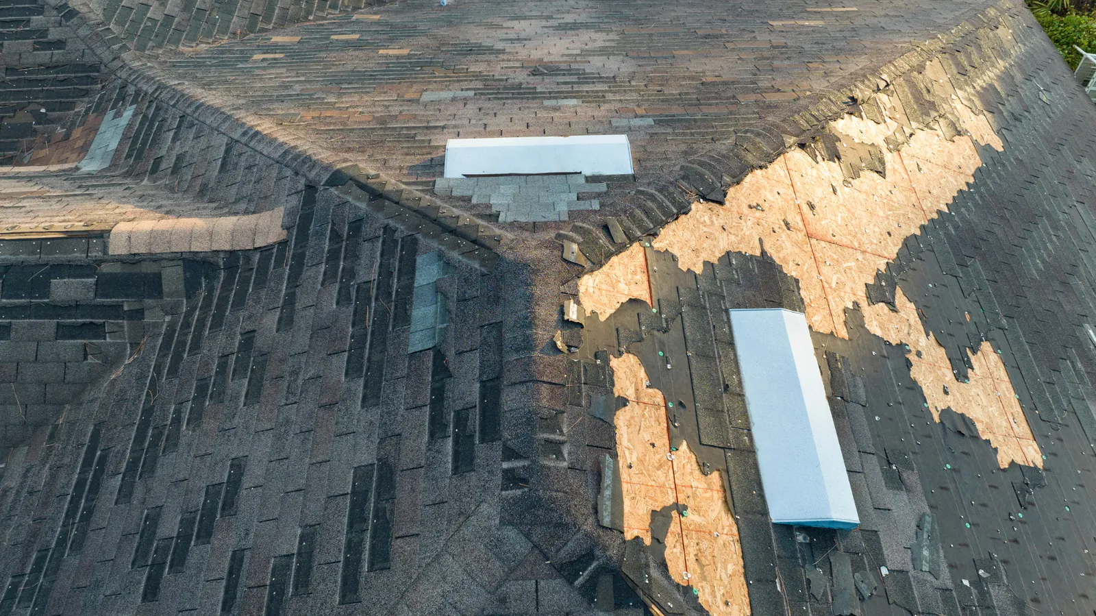 Exposed plywood patches beside skylights on a roof seen from above